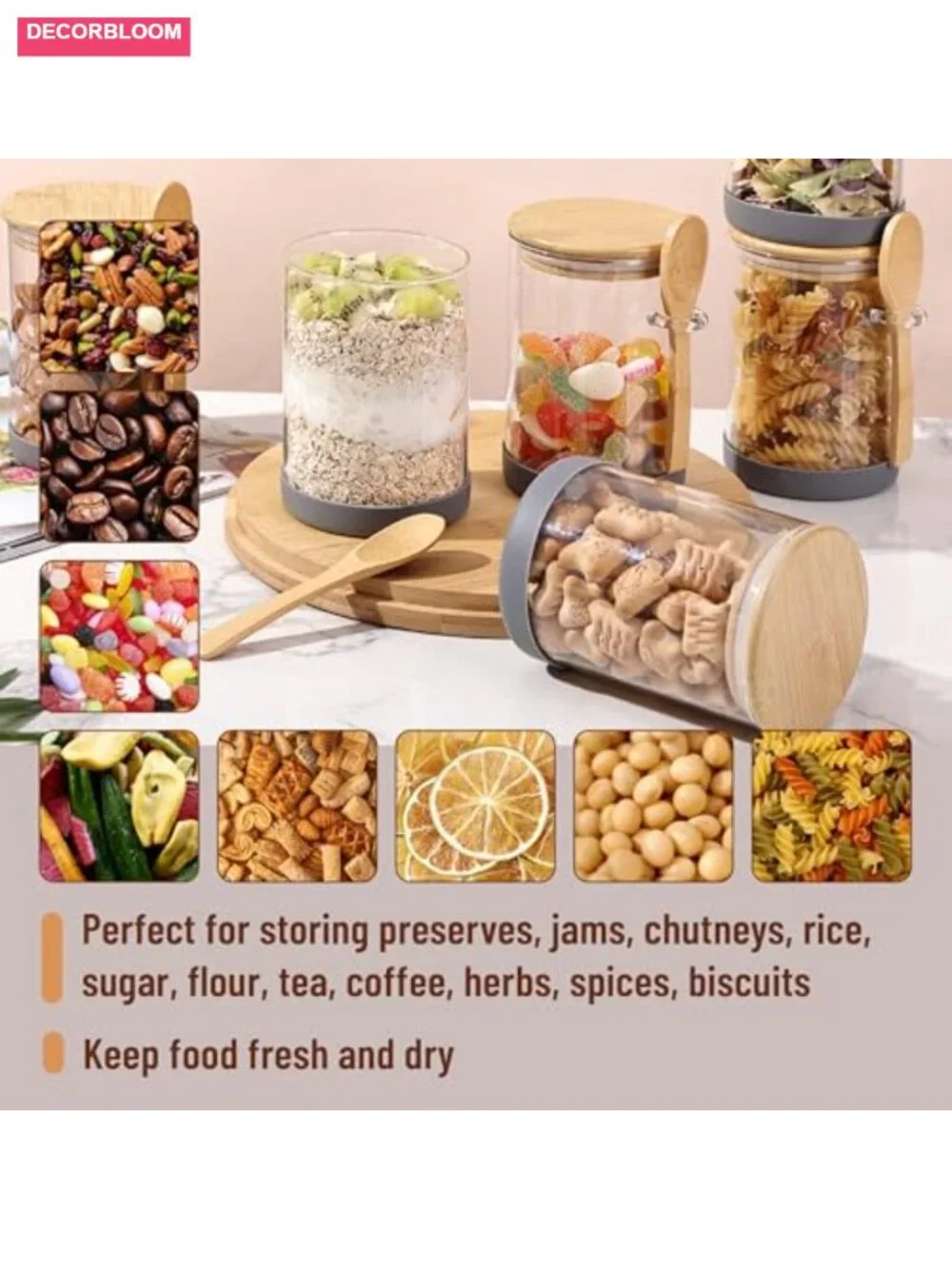 Glass Jars with Bamboo Lids and Spoons Set of 6, 19 Oz Airtight Storage for Tea